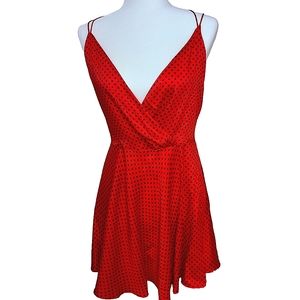 NWT Zara red satin polka dot skater dress, open back, ties in the back, size L